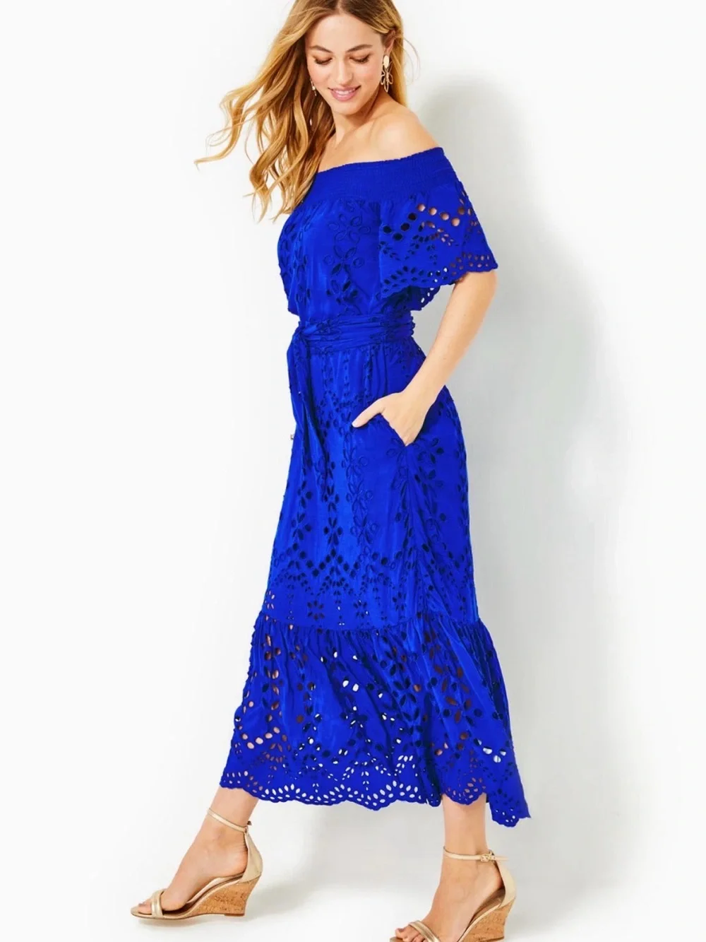 Lilly Pulitzer Women's Isbell Off-The-Shoulder Eyelet Midi-Dress - Picture 3 of 7
